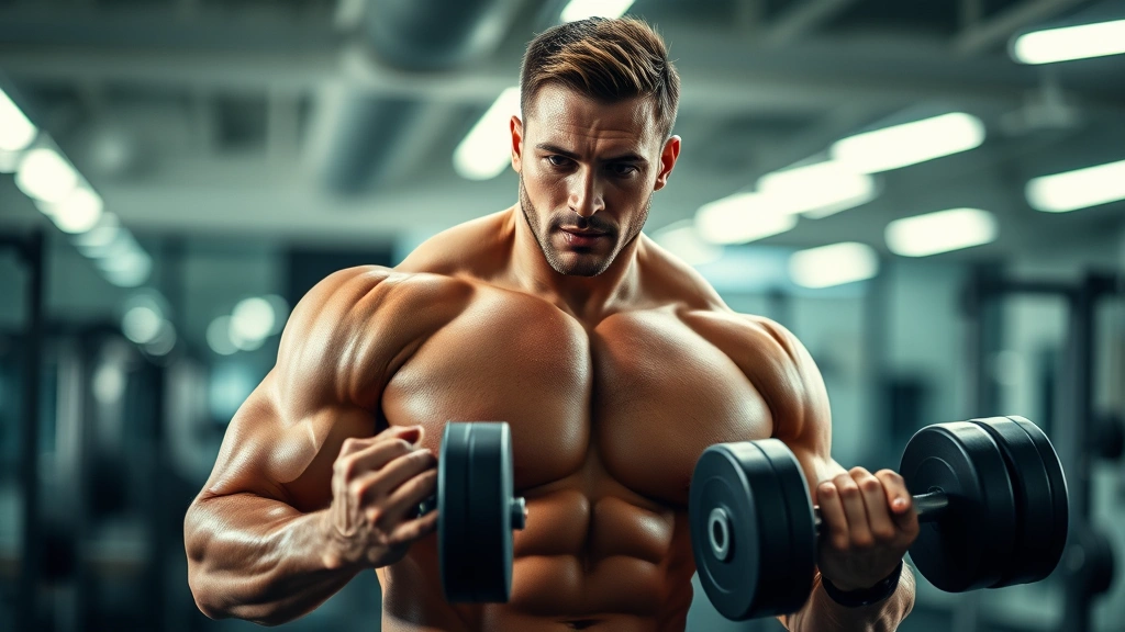 Muscular person in gym holding dumbbells, focused expression, bright lighting, mid-workout intensity, professional photography