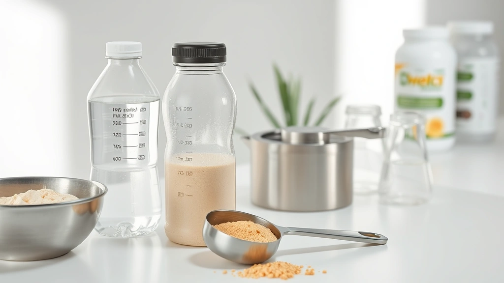 Clear water bottle next to protein powder scoop and measuring scale on clean white table, fitness supplement setup, natural daylight