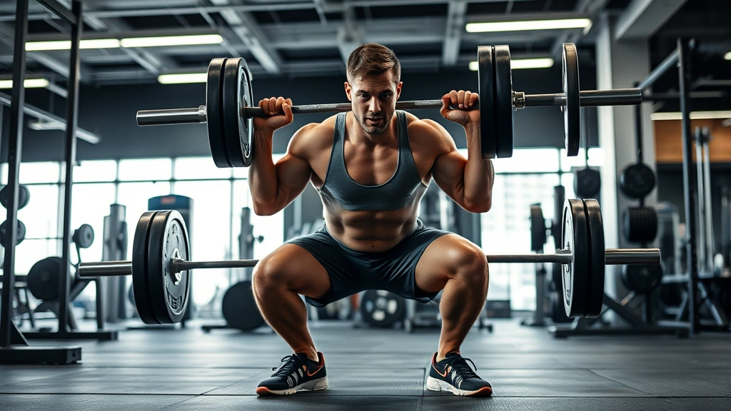 Athlete performing explosive barbell squat in modern gym, powerful motion capture, dynamic energy, professional fitness photography