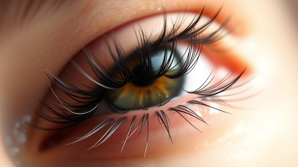 Close-up macro photography of a human eye with long, healthy eyelashes, soft natural lighting, detailed lash texture visible