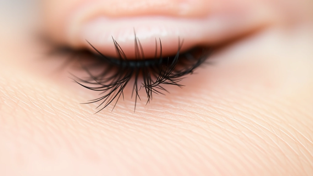 Close-up macro photography of a single healthy eyelash on skin, showing fine detail and natural texture, soft studio lighting