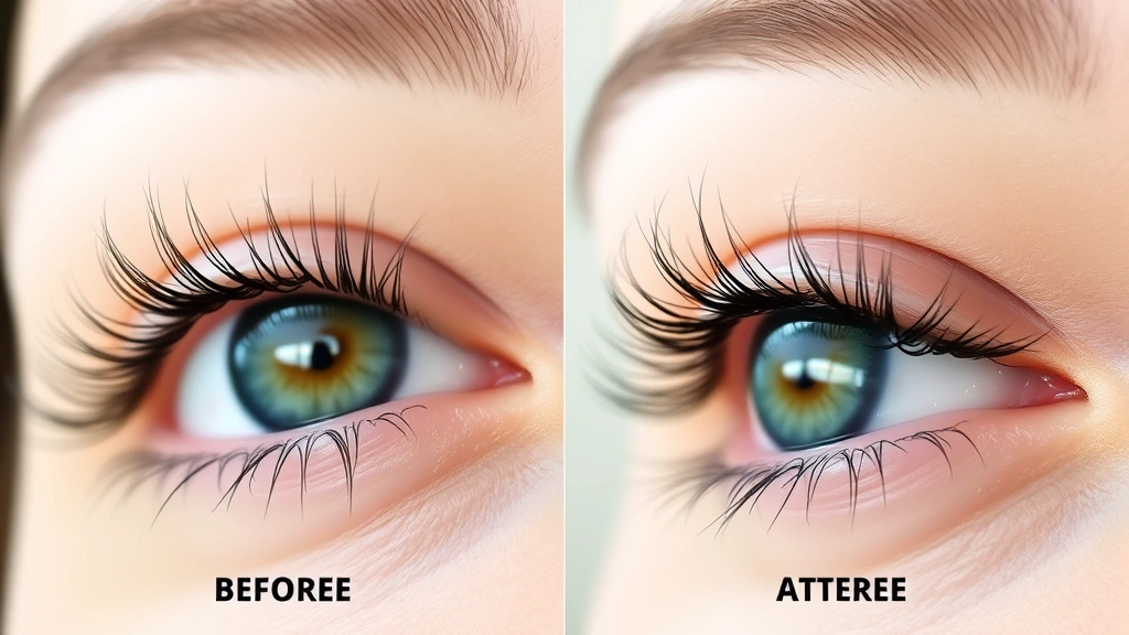 Before and after comparison showing eyelash growth progression over months, illustrated with healthy lashes at different growth stages, natural lighting