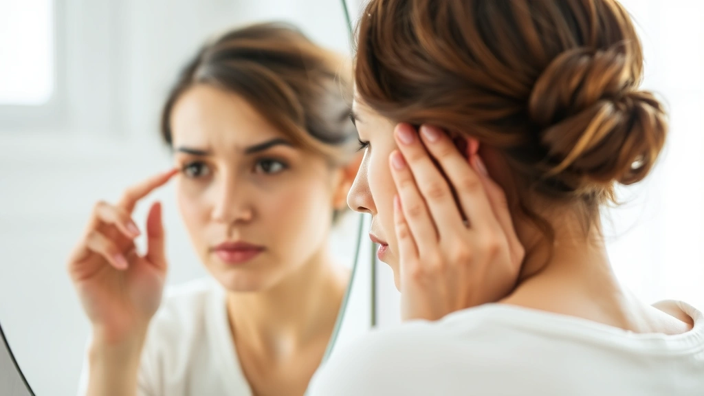 Woman examining her reflection in a mirror, touching eyelid area gently, natural bathroom lighting, showing care and concern