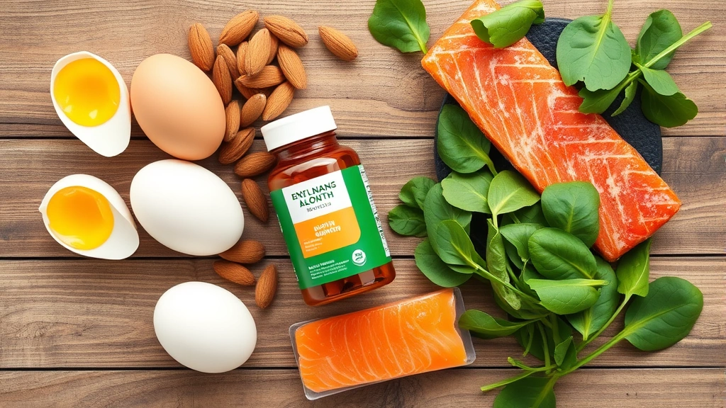 Overhead flat lay of eyelash growth supporting ingredients including eggs, almonds, spinach, salmon, and biotin supplement bottle on wooden surface