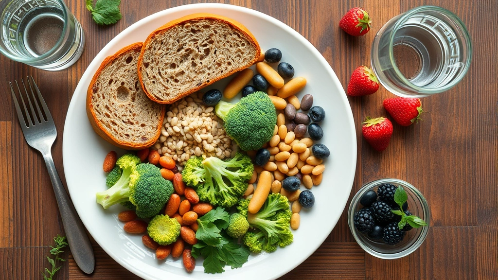 Overhead view of a colorful plate with high-fiber foods including broccoli, whole grain bread, legumes, berries, and a glass of water on a wooden table
