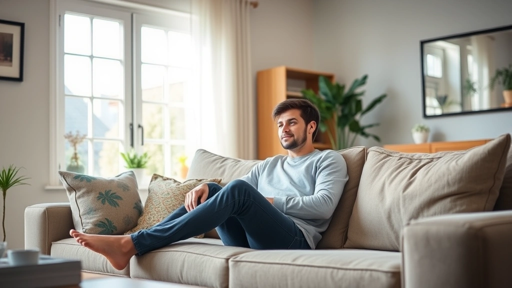 Person sitting on a comfortable couch in a bright living room, appearing relaxed and comfortable, with natural daylight from windows