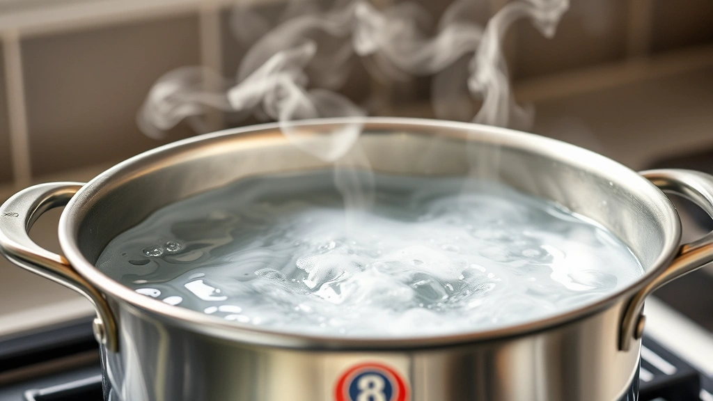 Close-up of stainless steel pot with rolling boiling water on stovetop, steam rising dramatically, clean kitchen background