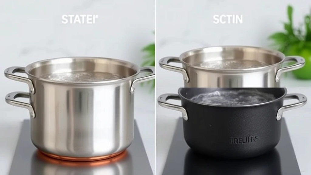 Split-screen comparison showing four different pot types heating water: copper-bottom, aluminum, stainless steel, and non-stick, different boiling stages