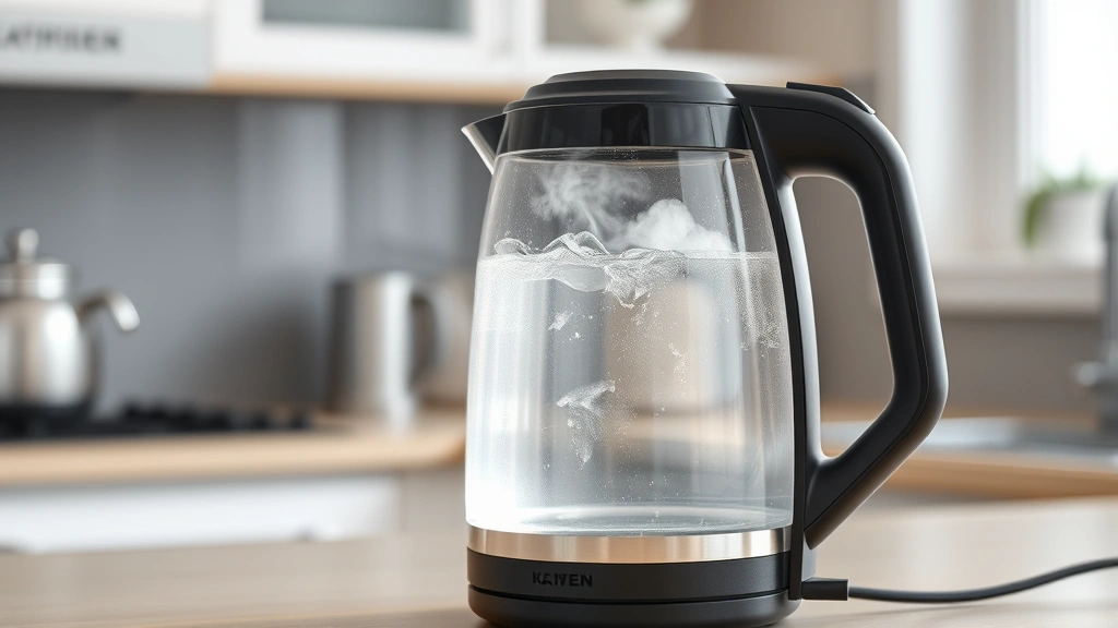 Electric kettle with water boiling inside, steam visible through transparent design, modern kitchen counter setting