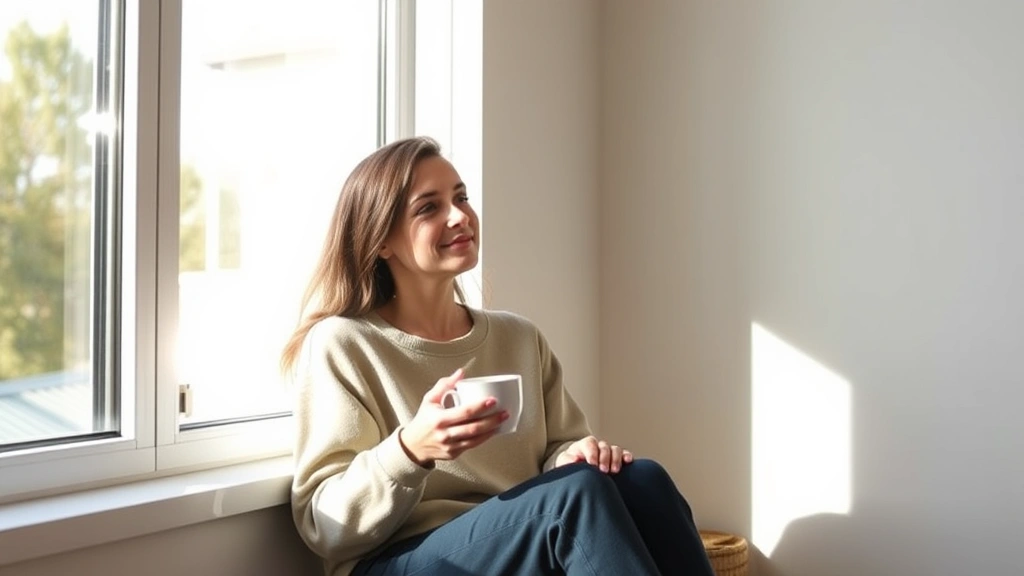 Person sitting by a sunny window with a warm cup of tea, looking peaceful and calm, natural lighting, modern minimalist home interior, no text