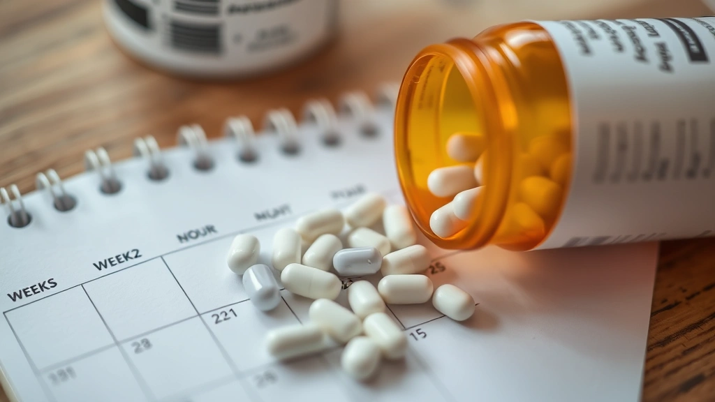 Close-up of an open medication bottle with pills spilling out onto a calendar showing weeks progressing, soft natural light, wooden surface background, no text