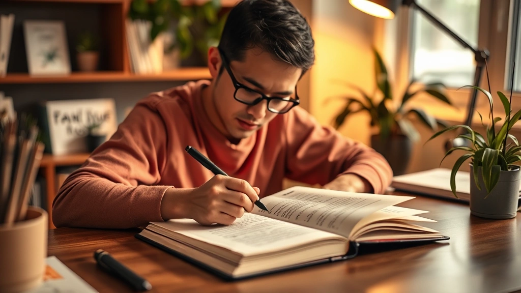 Individual journaling in a notebook with a pen, sitting at a desk with plants nearby, warm lighting, focused expression, no text visible on pages