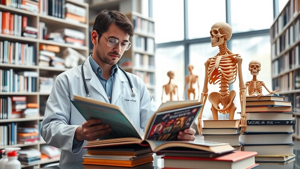 Medical student in white coat studying anatomy textbooks and models in a bright modern library with stacks of books and scientific materials