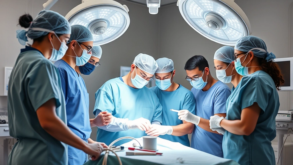 Diverse group of residents in surgical scrubs performing a procedure in a modern operating room with surgical lights and medical equipment