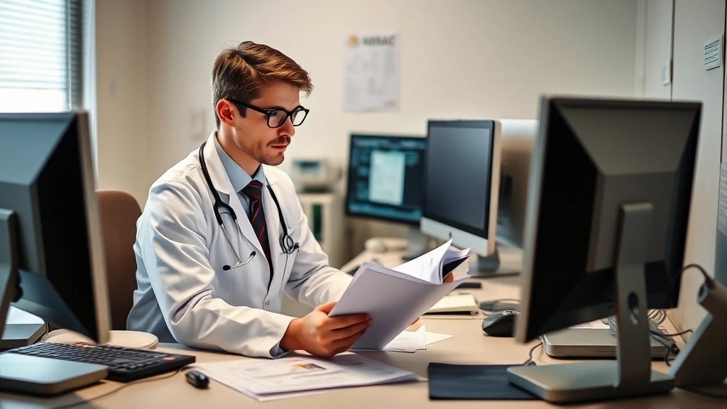 Young physician in professional attire reviewing patient files at a hospital desk with computers, charts, and medical records visible