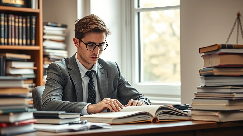 Law student studying at desk surrounded by thick legal textbooks and case files, concentrated expression, natural daylight from window, professional workspace