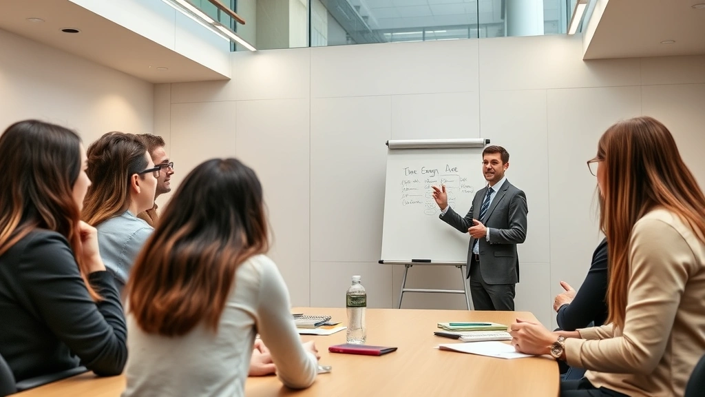Diverse group of law students in classroom discussion, professor at whiteboard, engaged learning environment, modern law school building interior