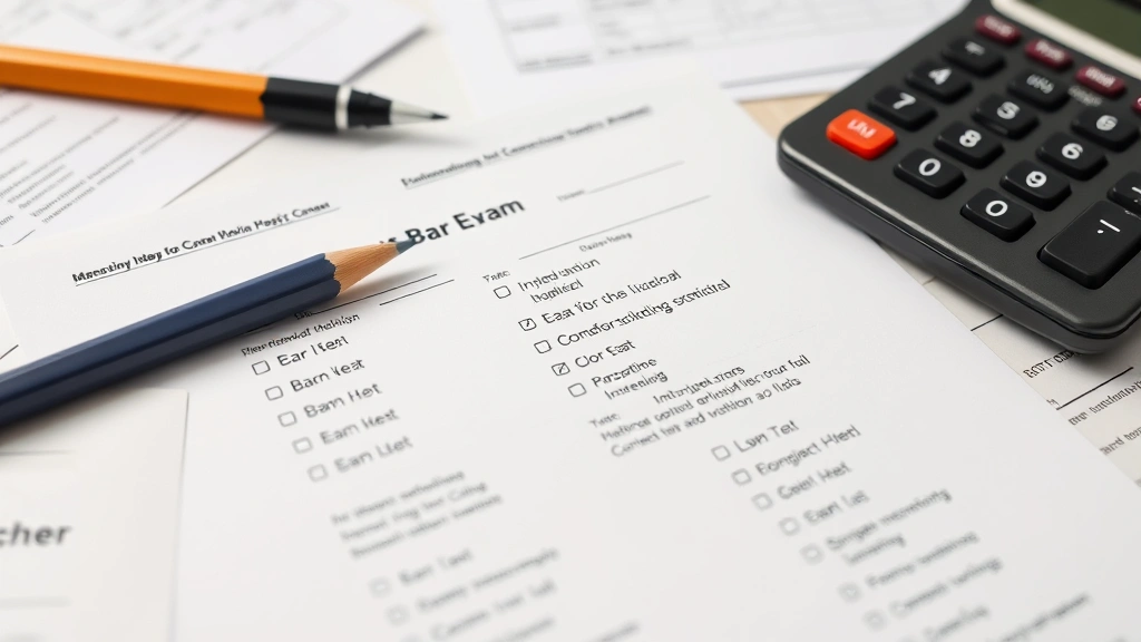 Close-up of bar exam answer sheet with pencil and calculator, preparation materials on desk, focused study session setup