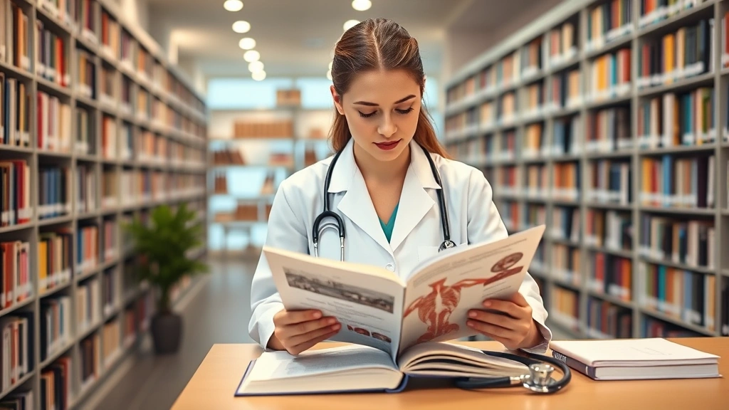 Nursing student in white coat reviewing anatomy textbook in modern library setting with stethoscope on desk