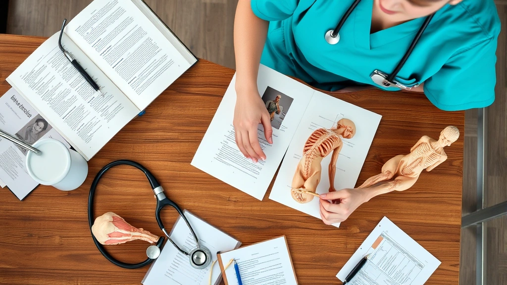 Overhead shot of a nursing student in scrubs studying anatomy textbooks and models at a wooden desk with stethoscope and medical references