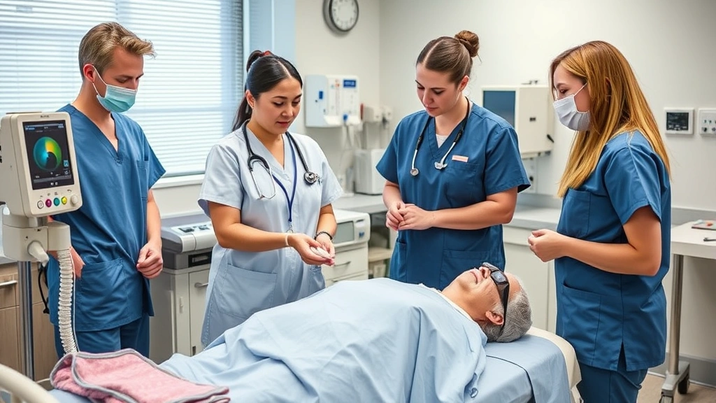Clinical nursing instructor demonstrating patient care techniques to students in hospital simulation lab with medical equipment