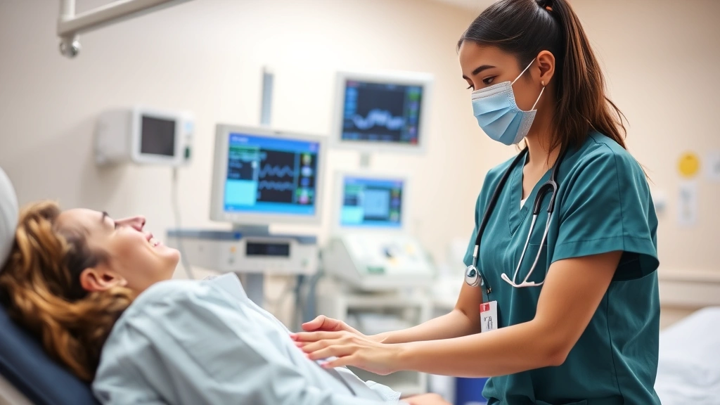 Nurse practitioner in clinical setting examining patient in hospital room with medical equipment and monitors in background