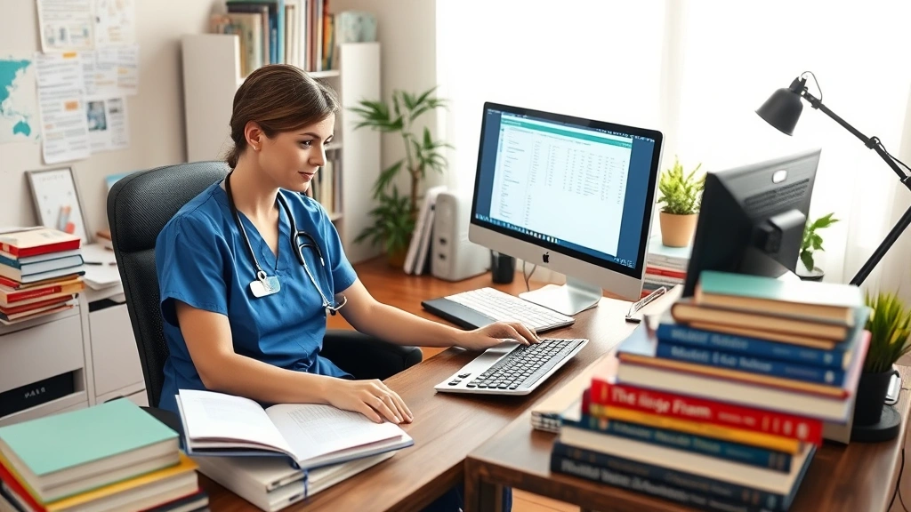 Registered nurse studying for NCLEX exam at computer, surrounded by nursing textbooks and notes in home office environment