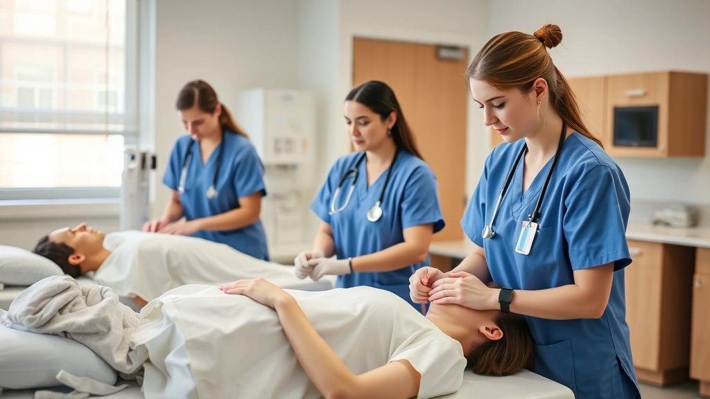Group of nursing students in clinical rotation practicing patient care skills on simulation mannequins in a bright healthcare training lab