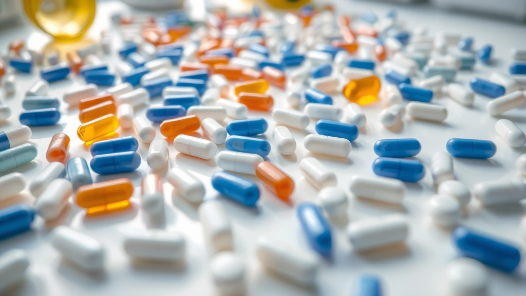Close-up of pharmaceutical capsules and tablets arranged in organized rows on a clean white laboratory surface with soft natural lighting