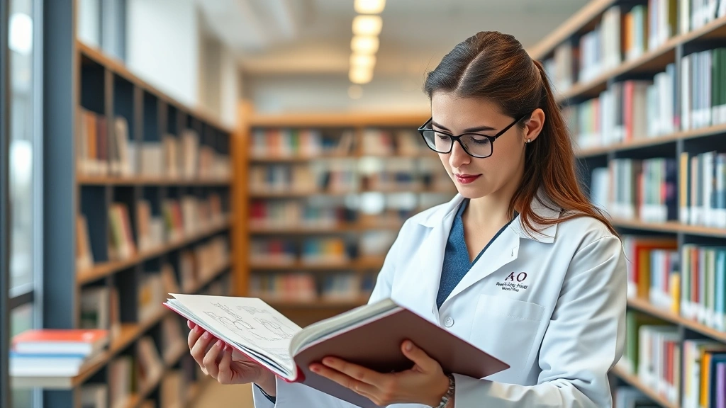 A pharmacy student in white coat studying organic chemistry formulas and molecular structures from textbooks in a modern university library setting