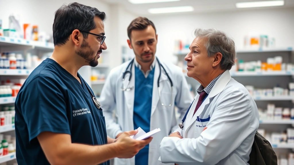 Clinical pharmacist in professional attire consulting with a patient in a modern hospital pharmacy setting with medication shelves visible in background