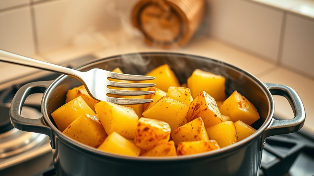 Steaming pot of golden boiled potatoes with fork test, kitchen setting, warm lighting, no text no words no letters