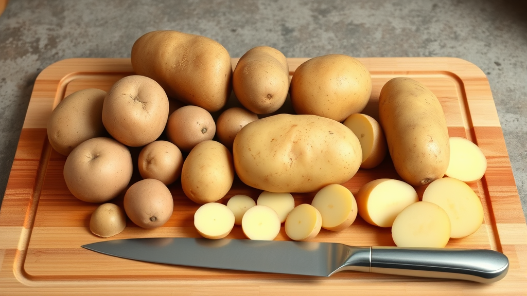 Various potato types arranged by size on cutting board with knife, rustic kitchen background, no text no words no letters