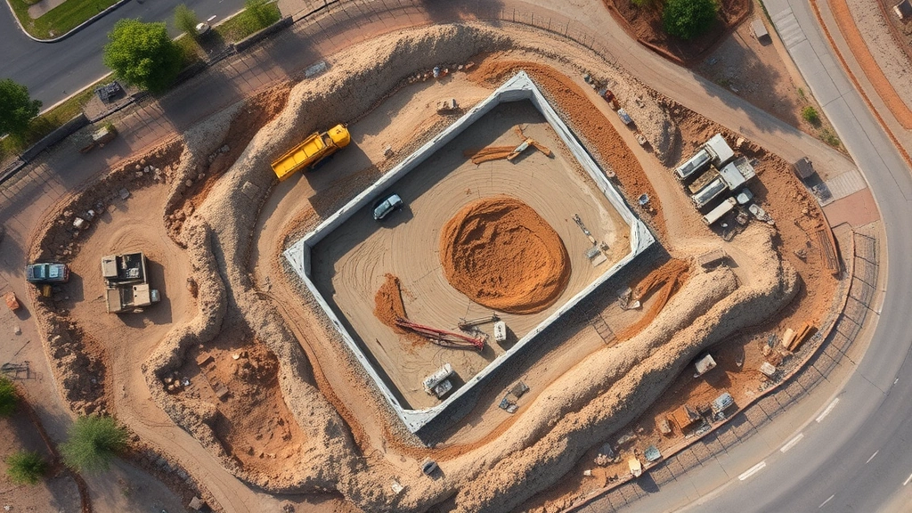 Aerial view of construction site with foundation work, excavation equipment, and marked property boundaries, photorealistic daytime scene