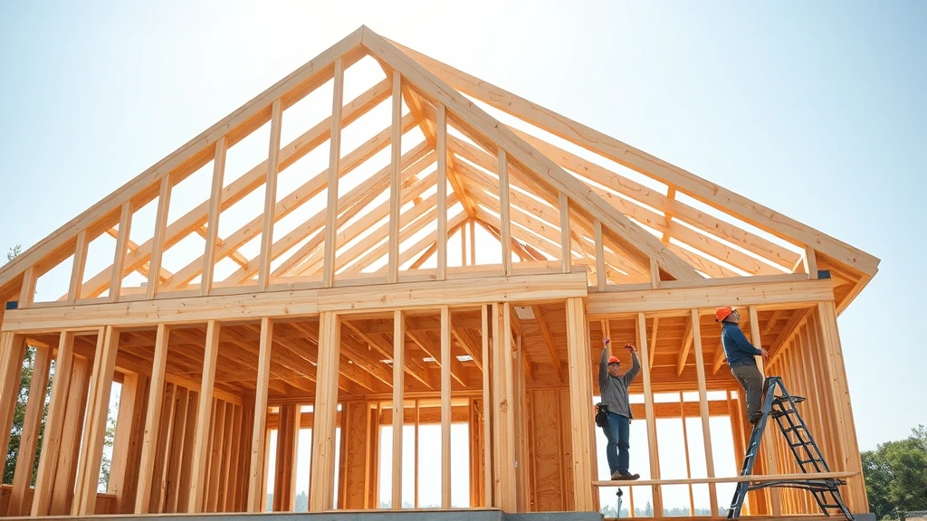 Wooden house frame structure mid-construction showing exposed studs, roof trusses, and workers on scaffold, bright natural lighting