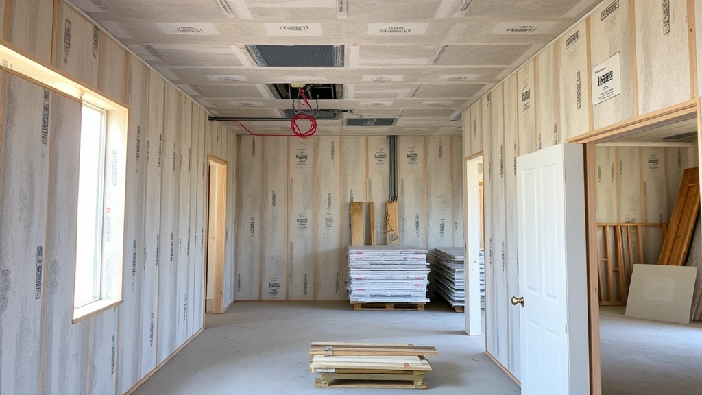 Interior construction phase showing drywall installation, electrical wiring visible in walls, and construction materials stacked in rooms