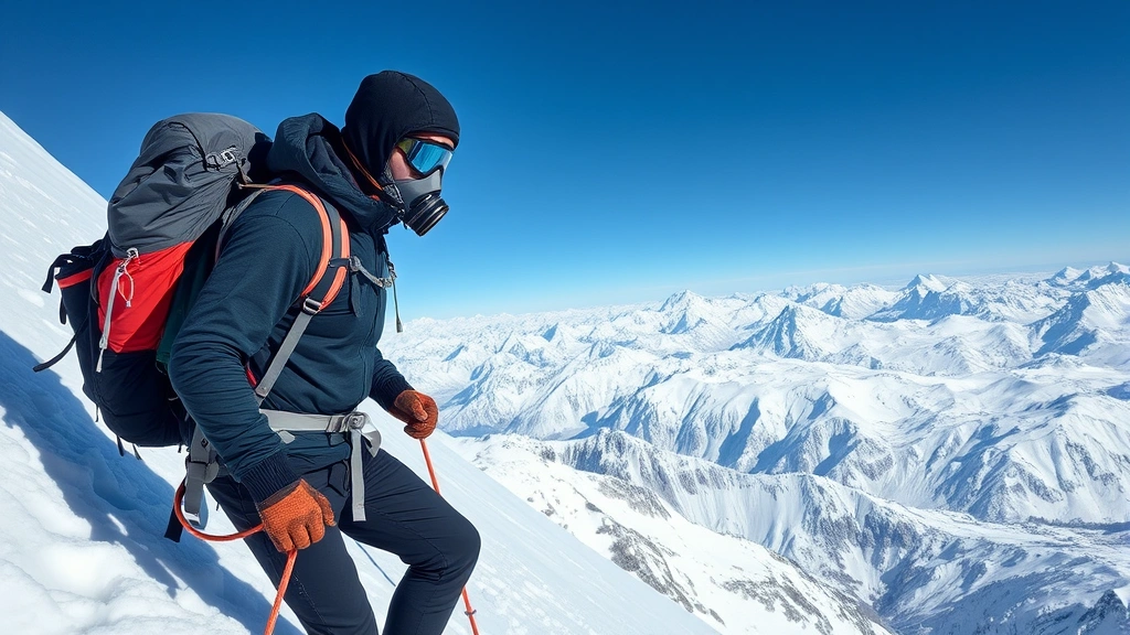 Mountaineer in full climbing gear ascending a steep snow-covered slope with distant peaks visible, wearing oxygen mask and carrying heavy backpack, clear blue sky