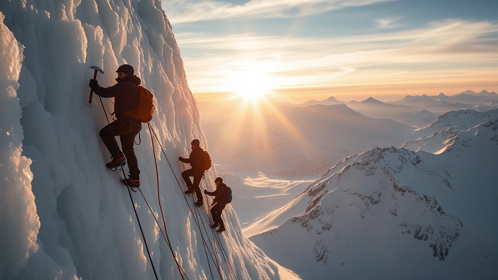 Dramatic view of climbers roped together ascending a vertical ice wall using ice axes and crampons, sun illuminating snow-covered mountain peaks in background