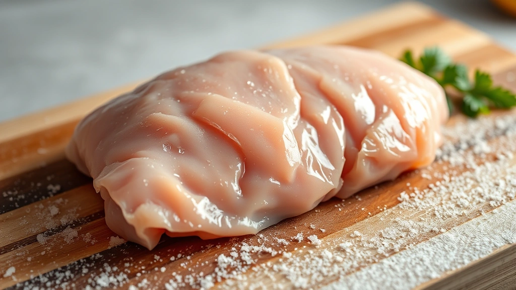Raw frozen chicken breast on a wooden cutting board with frost crystals visible, professional kitchen lighting, shallow depth of field