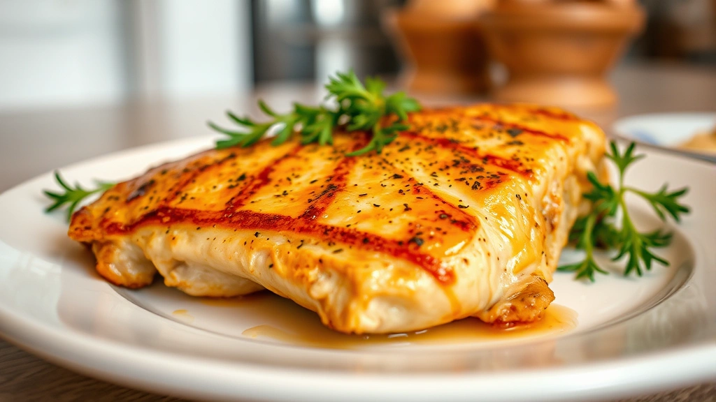 Cooked golden-brown chicken breast on white plate with fresh herbs garnish, warm kitchen ambiance, appetizing food photography