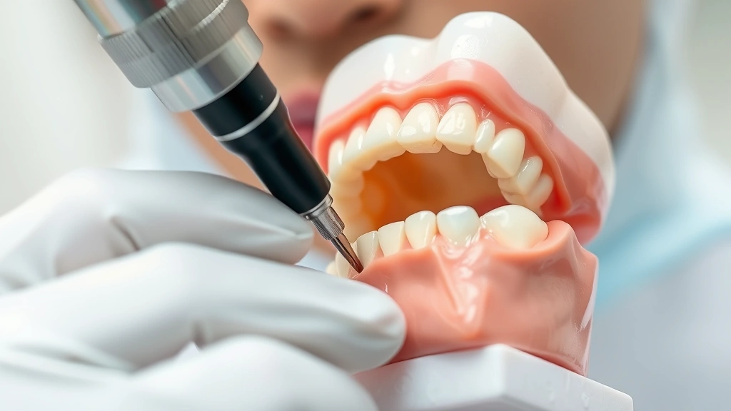 Detailed view of a dentist using a dental drill on a tooth model, showing the precision work and technique involved in cavity preparation and removal