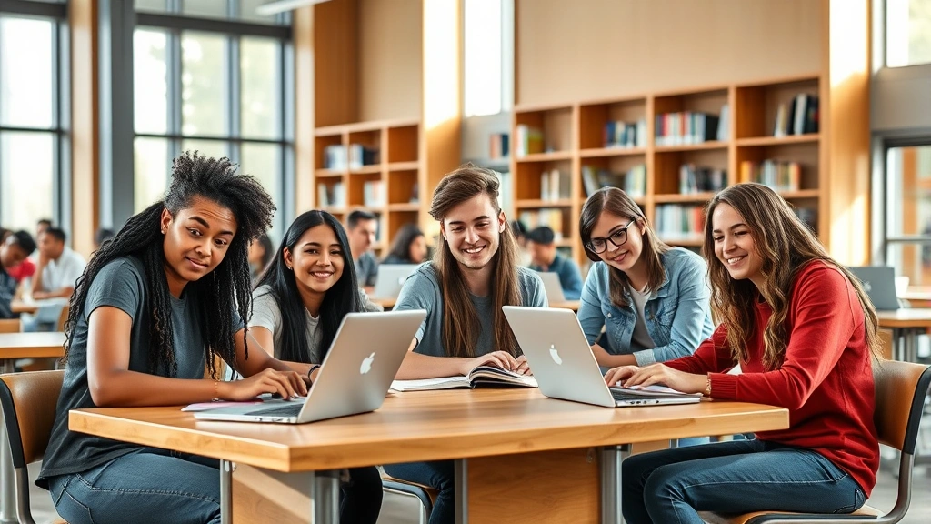 A diverse group of college students sitting in a modern university library, studying at wooden tables with laptops and textbooks, natural sunlight streaming through large windows, focused and engaged expressions
