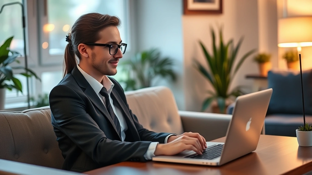 A working professional in business casual attire attending an online class on a laptop at home in the evening, coffee cup nearby, comfortable home office setting with plants and warm lighting