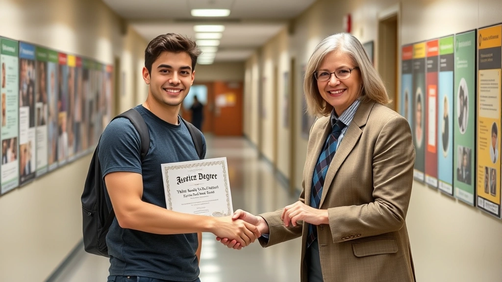 A community college student holding an associate degree certificate and shaking hands with a four-year university advisor in an academic hallway, both smiling, professional environment with educational posters on walls