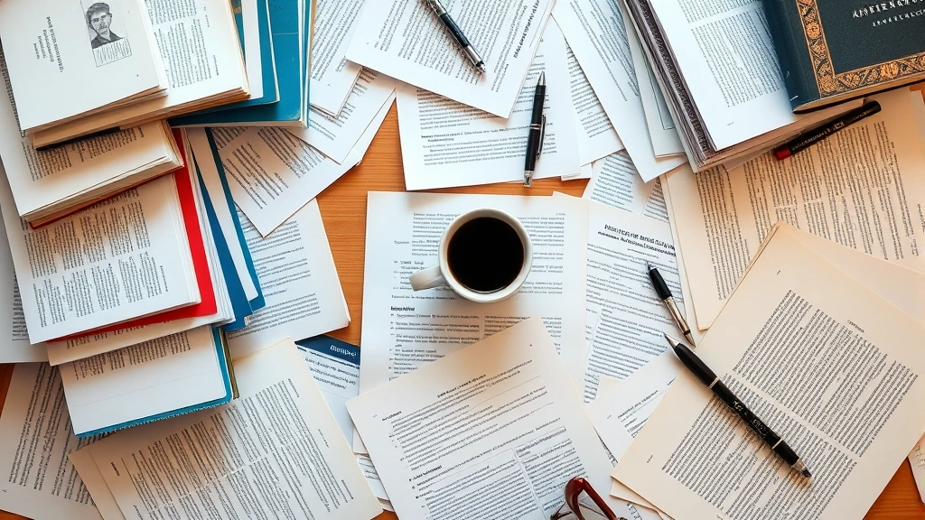 An overhead view of a cluttered academic workspace with stacks of journals, research documents, coffee cup, and pen scattered across the surface