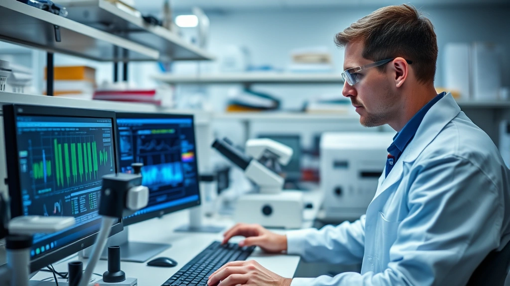 Researcher working in a well-equipped laboratory with scientific instruments, examining data on computer screens, concentrated professional atmosphere