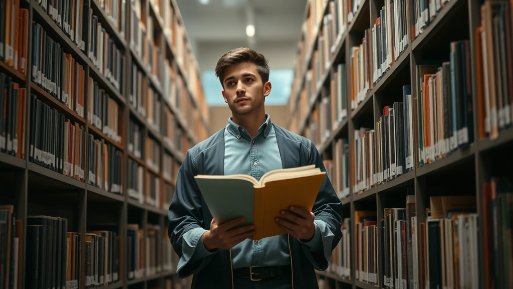 A contemplative doctoral candidate standing in a university library between tall bookshelves, gazing thoughtfully at research materials in their hands