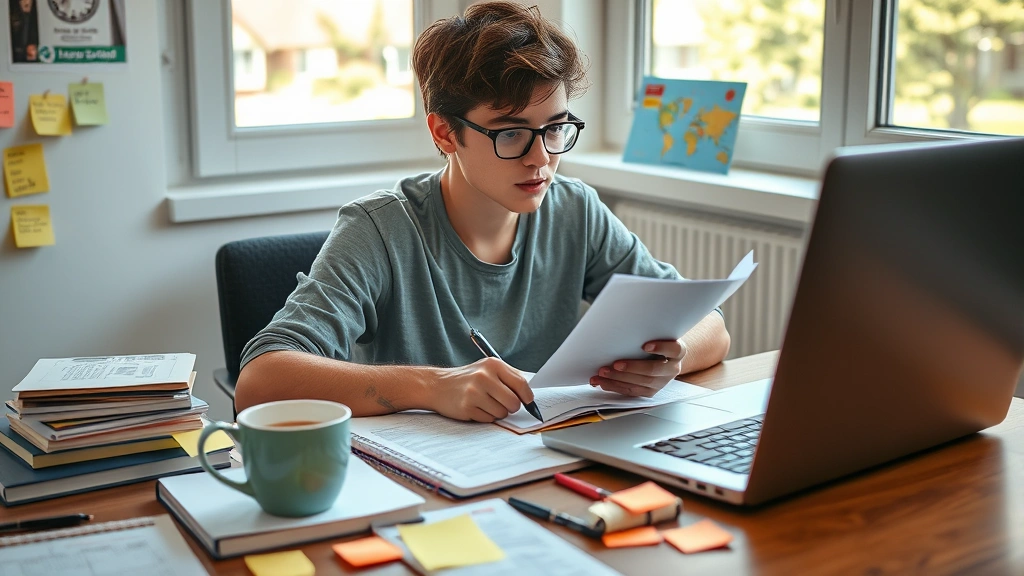 A person studying Spanish at a desk with notebooks, laptop, and coffee cup, surrounded by language learning materials and sticky notes, natural lighting from window, focused expression