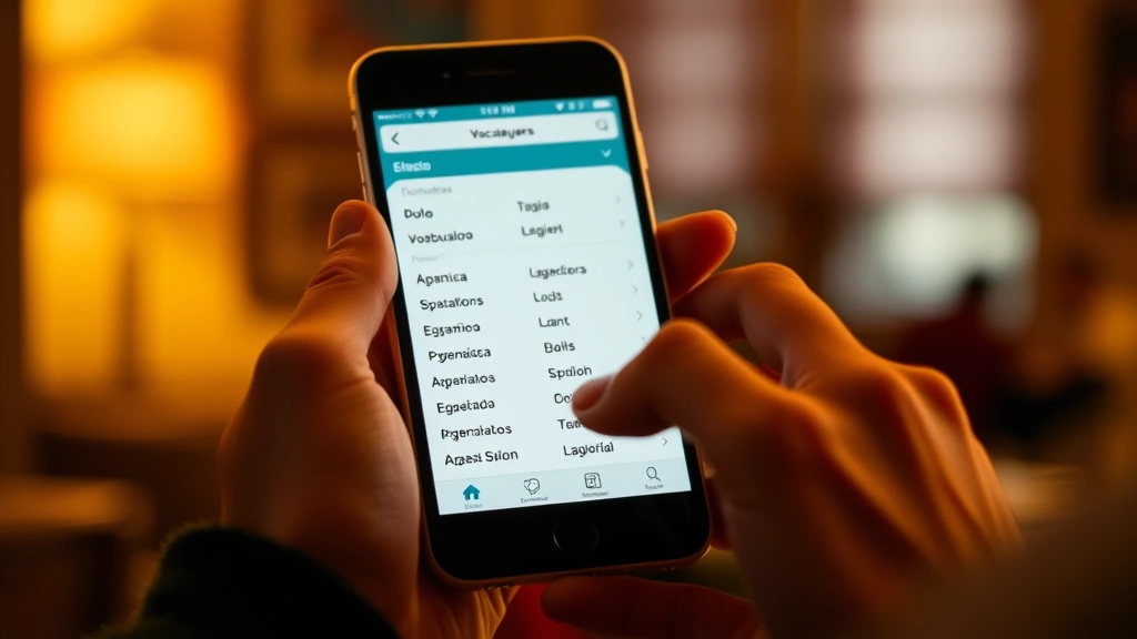 Close-up of hands holding a smartphone showing a language learning app interface, with Spanish vocabulary words visible on screen, warm indoor lighting
