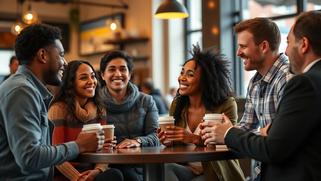 Group of diverse people having a conversation in what appears to be a casual coffee shop setting, engaged and smiling, natural interaction, warm ambient lighting